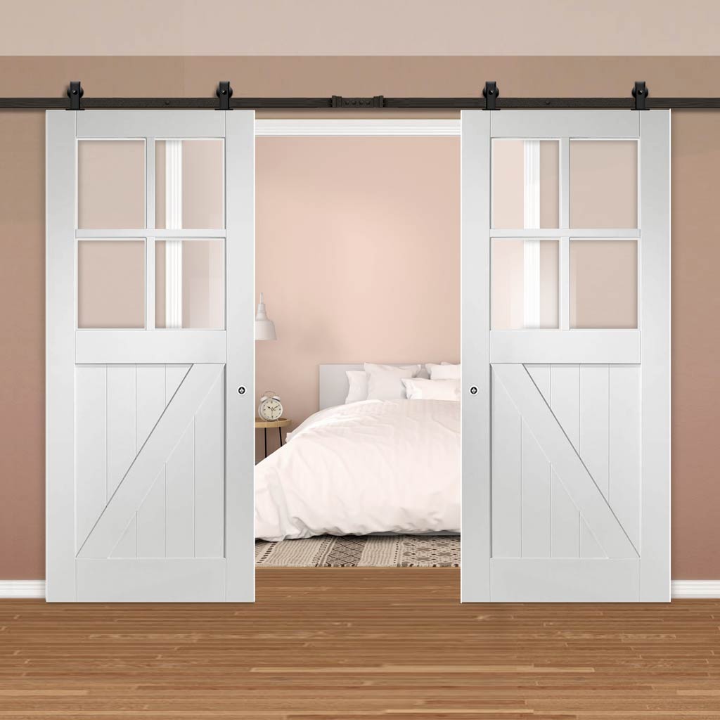 Top Mounted Black Sliding Track & Double Door - Frame Ledged and Braced Cottage with Clear Glass - White Primed