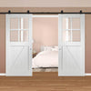 Top Mounted Black Sliding Track & Double Door - Frame Ledged and Braced Cottage with Clear Glass - White Primed