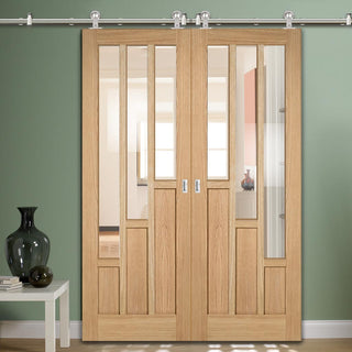 Image: Sirius Tubular Stainless Steel Sliding Track & Coventry Contemporary Oak Double Door - Clear Glass - Unfinished