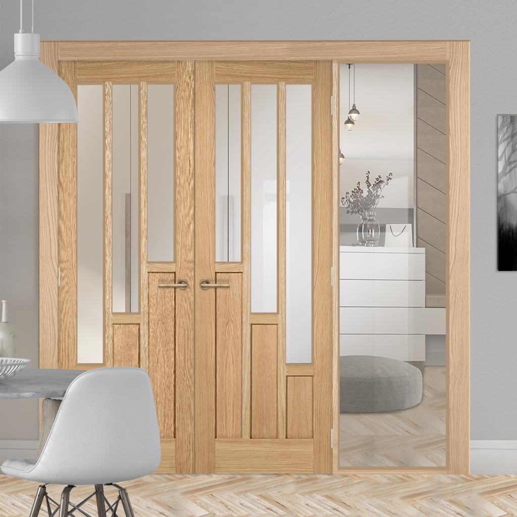 ThruEasi Oak Room Divider - Coventry Contemporary Clear Glass Prefinished Door Pair with Full Glass Side