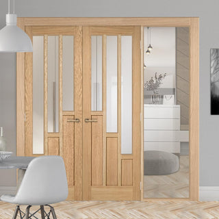Image: ThruEasi Oak Room Divider - Coventry Contemporary Clear Glass Prefinished Door Pair with Full Glass Side