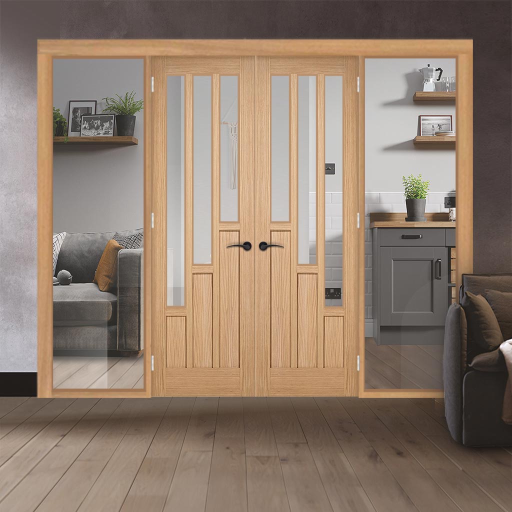 ThruEasi Oak Room Divider - Coventry Contemporary Clear Glass Unfinished Door Pair with Full Glass Sides