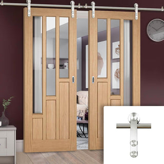 Image: Saturn Tubular Stainless Steel Sliding Track & Coventry Contemporary Oak Double Door - Clear Glass - Unfinished