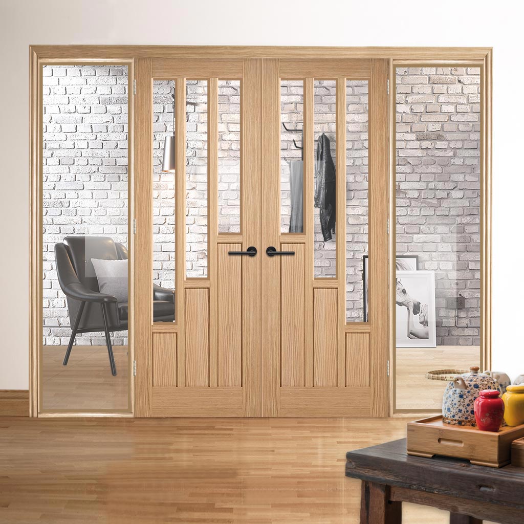 ThruEasi Oak Room Divider - Coventry Contemporary Clear Glass Prefinished Door Pair with Full Glass Sides