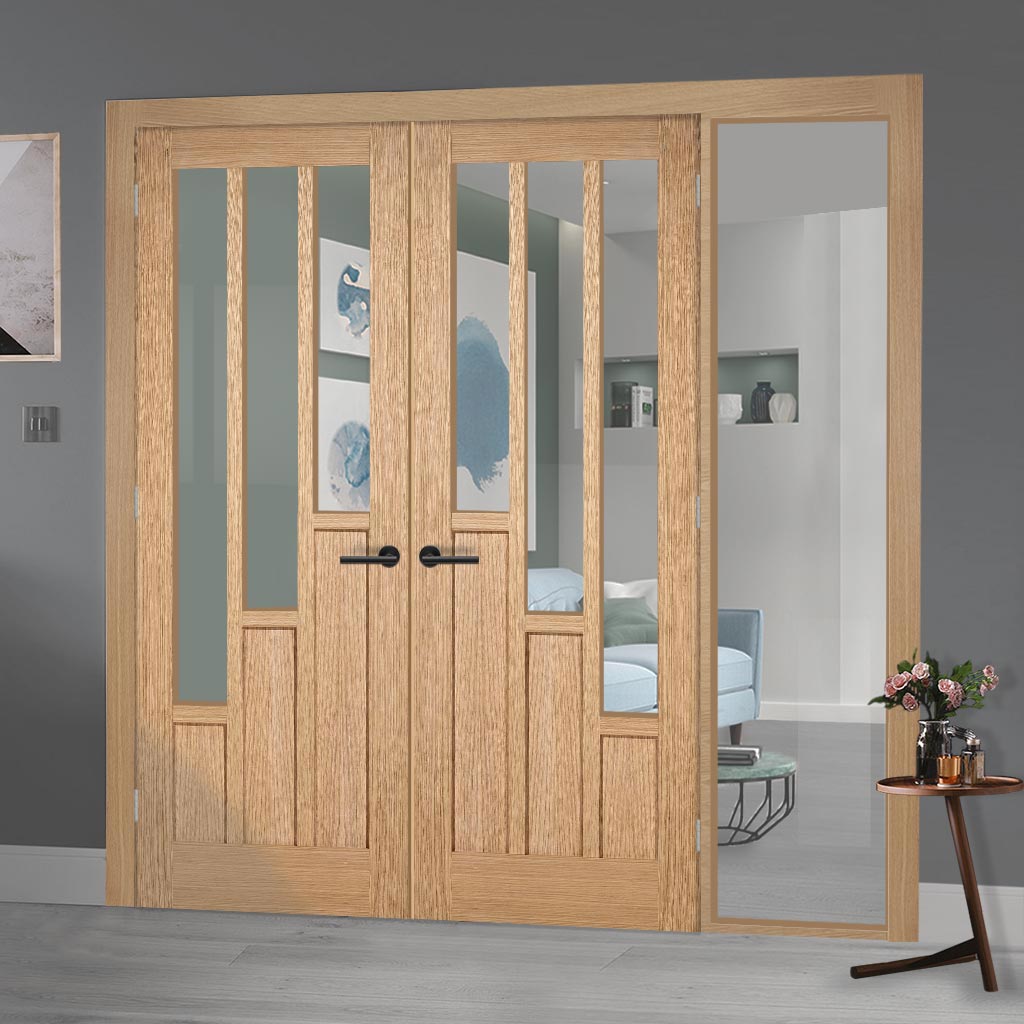 ThruEasi Oak Room Divider - Coventry Contemporary Clear Glass Unfinished Door Pair with Full Glass Side