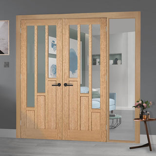 Image: ThruEasi Oak Room Divider - Coventry Contemporary Clear Glass Unfinished Door Pair with Full Glass Side