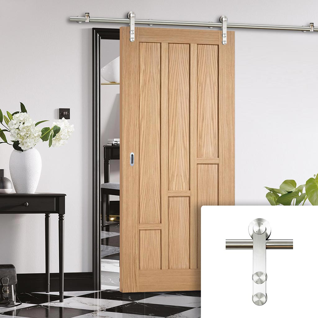 Saturn Tubular Stainless Steel Sliding Track & Coventry Contemporary Oak Panel Door - Unfinished