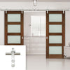 Saturn Tubular Stainless Steel Sliding Track & Coventry Walnut Shaker Double Door - Frosted Glass - Prefinished