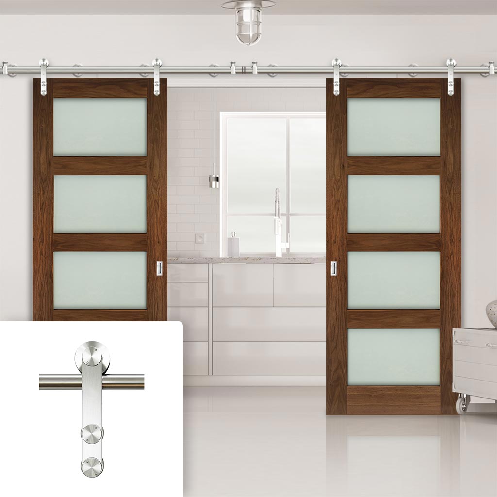 Saturn Tubular Stainless Steel Sliding Track & Coventry Walnut Shaker Double Door - Frosted Glass - Prefinished