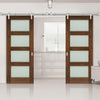 Saturn Tubular Stainless Steel Sliding Track & Coventry Walnut Shaker Double Door - Frosted Glass - Prefinished