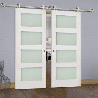 Image: Sirius Tubular Stainless Steel Sliding Track & Coventry Shaker Double Door - Frosted Glass - Primed
