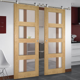 Image: Sirius Tubular Stainless Steel Sliding Track & Coventry Shaker Oak Double Door - Clear Glass - Unfinished