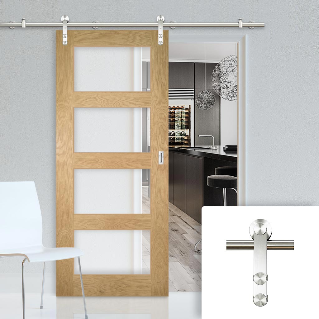 Saturn Tubular Stainless Steel Sliding Track & Coventry Shaker Oak Door - Clear Glass - Unfinished