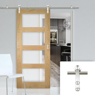 Image: Saturn Tubular Stainless Steel Sliding Track & Coventry Shaker Oak Door - Clear Glass - Unfinished