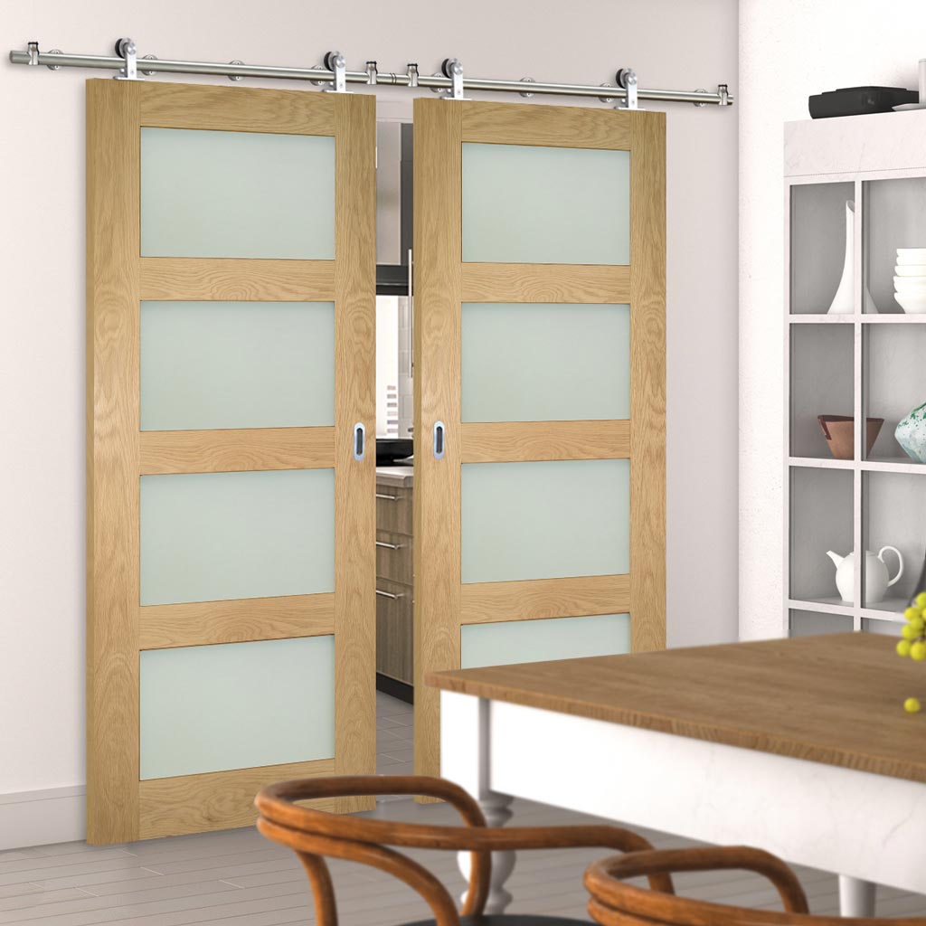 Sirius Tubular Stainless Steel Sliding Track & Coventry Shaker Oak Double Door - Frosted Glass - Unfinished