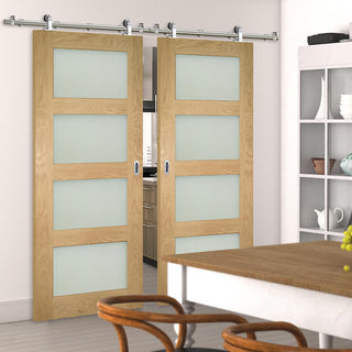 Image: Sirius Tubular Stainless Steel Sliding Track & Coventry Shaker Oak Double Door - Frosted Glass - Unfinished