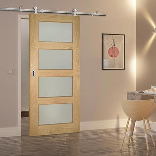 Image: Sirius Tubular Stainless Steel Sliding Track & Coventry Shaker Oak Door - Frosted Glass - Unfinished