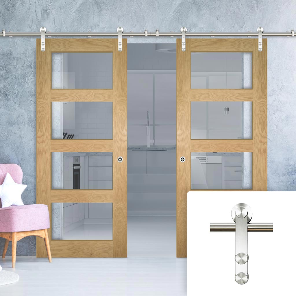 Saturn Tubular Stainless Steel Sliding Track & Coventry Shaker Oak Double Door - Clear Glass - Unfinished