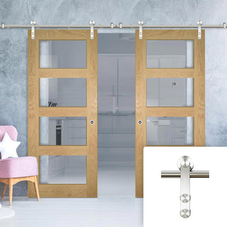 Image: Saturn Tubular Stainless Steel Sliding Track & Coventry Shaker Oak Double Door - Clear Glass - Unfinished