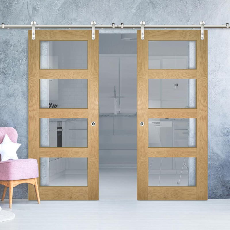 Saturn Tubular Stainless Steel Sliding Track & Coventry Shaker Oak Double Door - Clear Glass - Unfinished