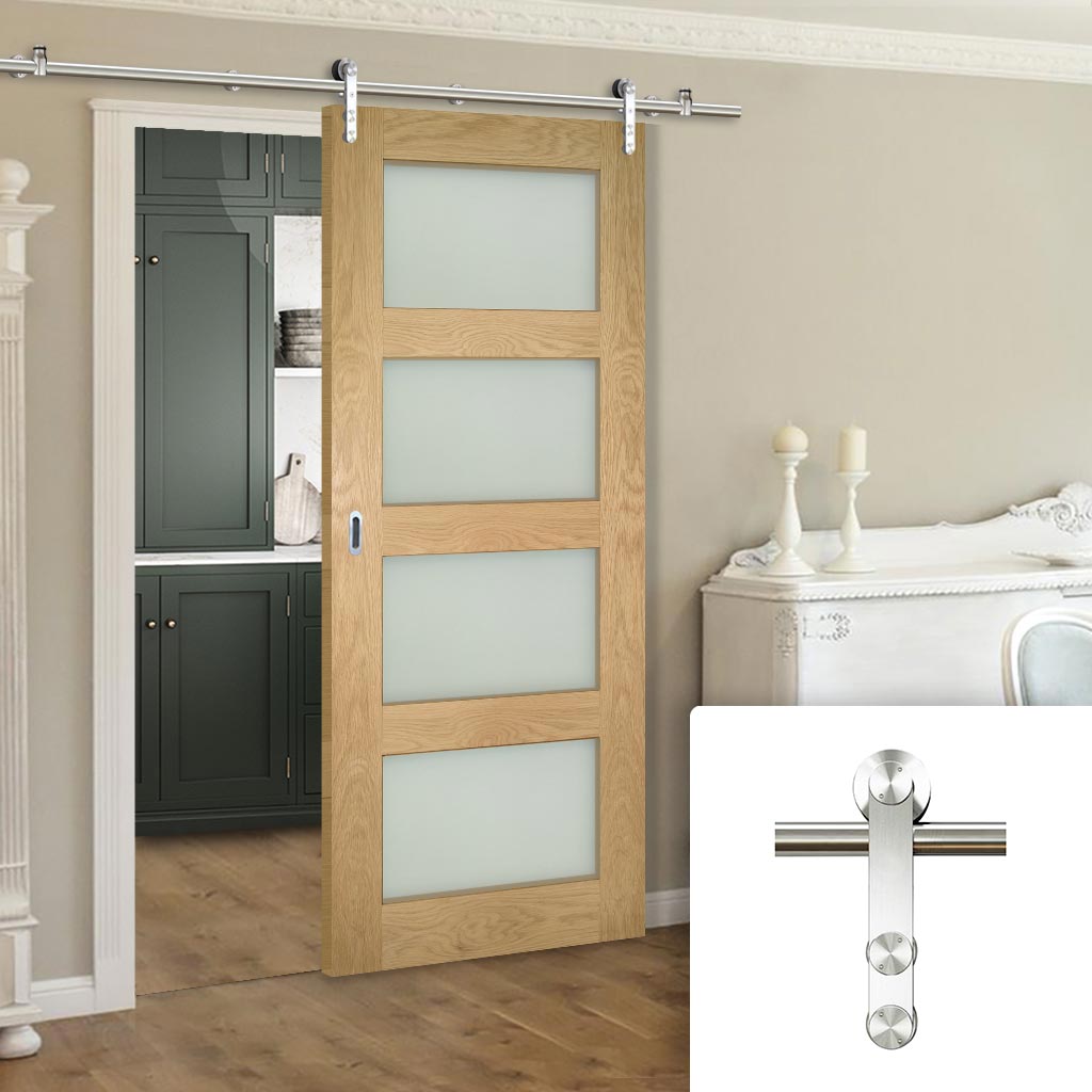 Saturn Tubular Stainless Steel Sliding Track & Coventry Shaker Oak Door - Frosted Glass - Unfinished