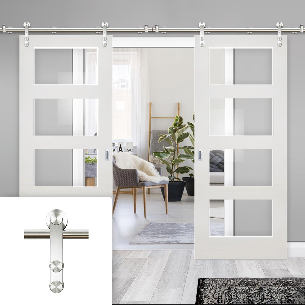 Saturn Tubular Stainless Steel Sliding Track & Coventry Shaker Double Door - Clear Glass - Primed