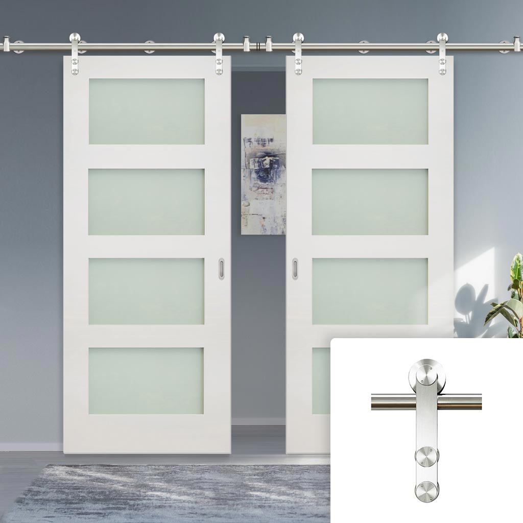 Saturn Tubular Stainless Steel Sliding Track & Coventry Shaker Double Door - Frosted Glass - Primed