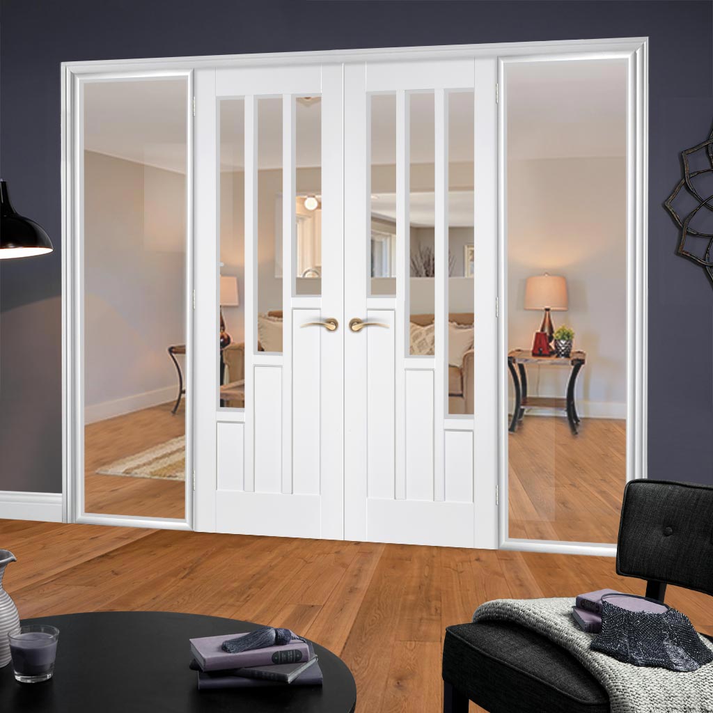 ThruEasi White Room Divider - Coventry Clear Glass Primed Door Pair with Full Glass Sides