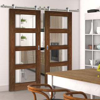 Image: Sirius Tubular Stainless Steel Sliding Track & Coventry Walnut Shaker Double Door - Clear Glass - Prefinished