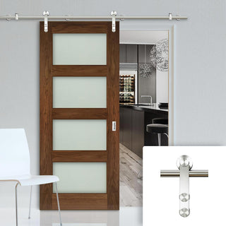 Image: Saturn Tubular Stainless Steel Sliding Track & Coventry Walnut Shaker Door - Frosted Glass - Prefinished