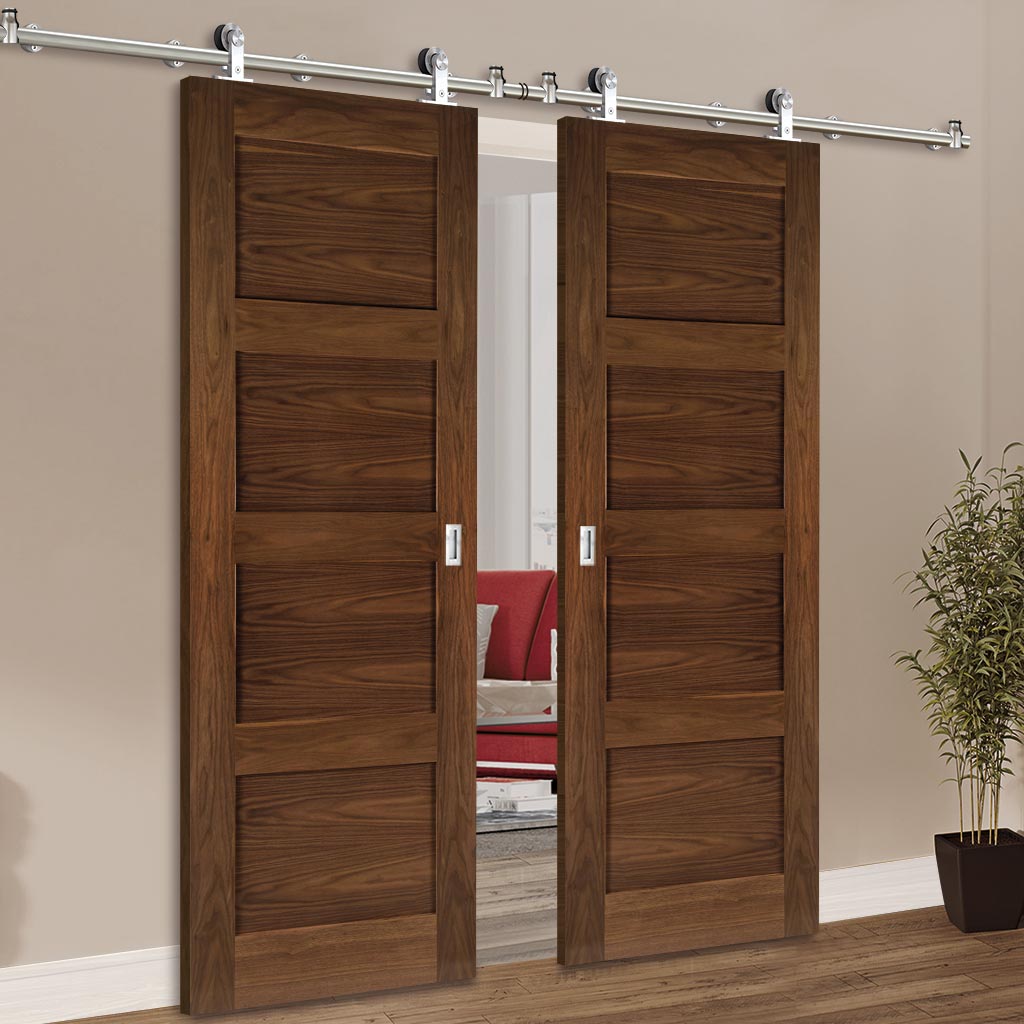 Sirius Tubular Stainless Steel Sliding Track & Coventry Walnut Shaker Double Door - Prefinished