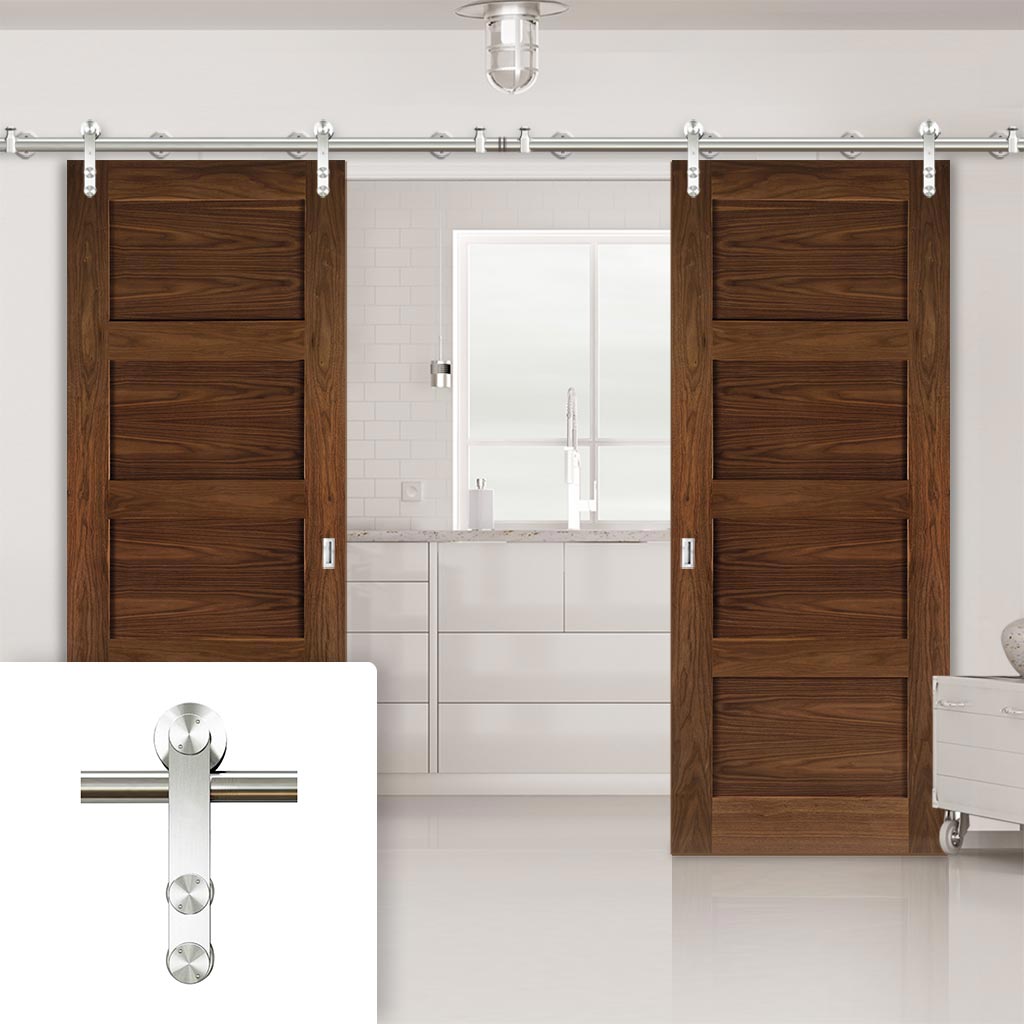 Saturn Tubular Stainless Steel Sliding Track & Coventry Walnut Shaker Double Door - Prefinished