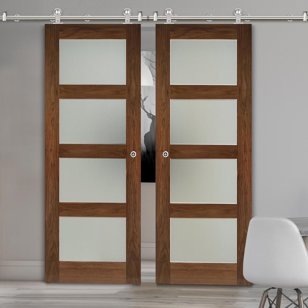 Sirius Tubular Stainless Steel Sliding Track & Coventry Walnut Shaker Double Door - Frosted Glass - Prefinished