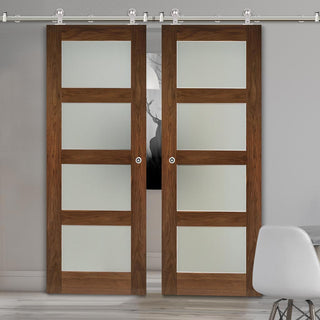 Image: Sirius Tubular Stainless Steel Sliding Track & Coventry Walnut Shaker Double Door - Frosted Glass - Prefinished