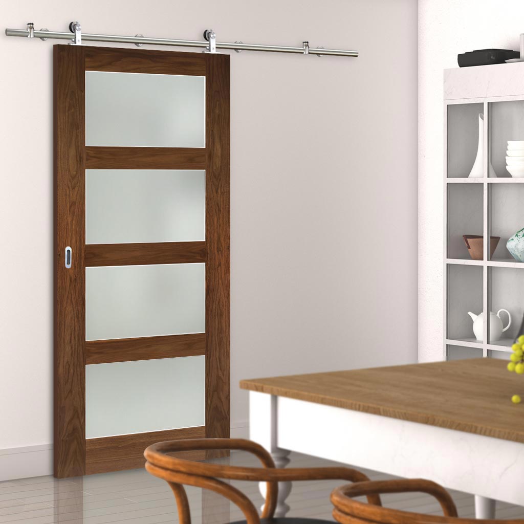 Sirius Tubular Stainless Steel Sliding Track & Coventry Walnut Shaker Door - Frosted Glass - Prefinished