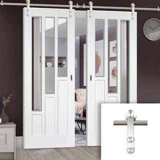 Image: Saturn Tubular Stainless Steel Sliding Track & Coventry Double Door - Clear Glass - Primed