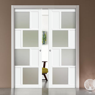 Image: Bespoke Handmade Eco-Urban® Cusco 4 Pane 4 Panel Double Evokit Pocket Door DD6416SG Frosted Glass - Colour Options