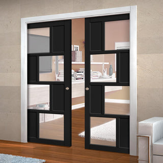 Image: Bespoke Handmade Eco-Urban® Cusco 4 Pane 4 Panel Double Evokit Pocket Door DD6416G Clear Glass - Colour Options