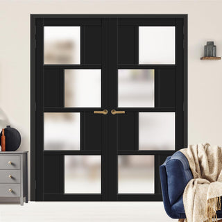 Image: Eco-Urban Cusco 4 Pane 4 Panel Solid Wood Internal Door Pair UK Made DD6416SG Frosted Glass - Eco-Urban® Shadow Black Premium Primed