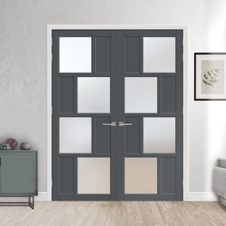 Image: Eco-Urban Cusco 4 Pane 4 Panel Solid Wood Internal Door Pair UK Made DD6416SG Frosted Glass - Eco-Urban® Stormy Grey Premium Primed
