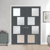 Eco-Urban Cusco 4 Pane 4 Panel Solid Wood Internal Door Pair UK Made DD6416SG Frosted Glass - Eco-Urban® Stormy Grey Premium Primed