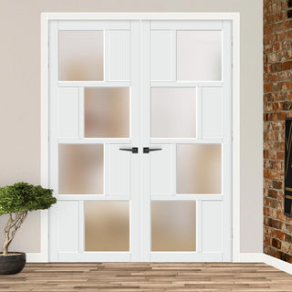 Image: Eco-Urban Cusco 4 Pane 4 Panel Solid Wood Internal Door Pair UK Made DD6416SG Frosted Glass - Eco-Urban® Cloud White Premium Primed