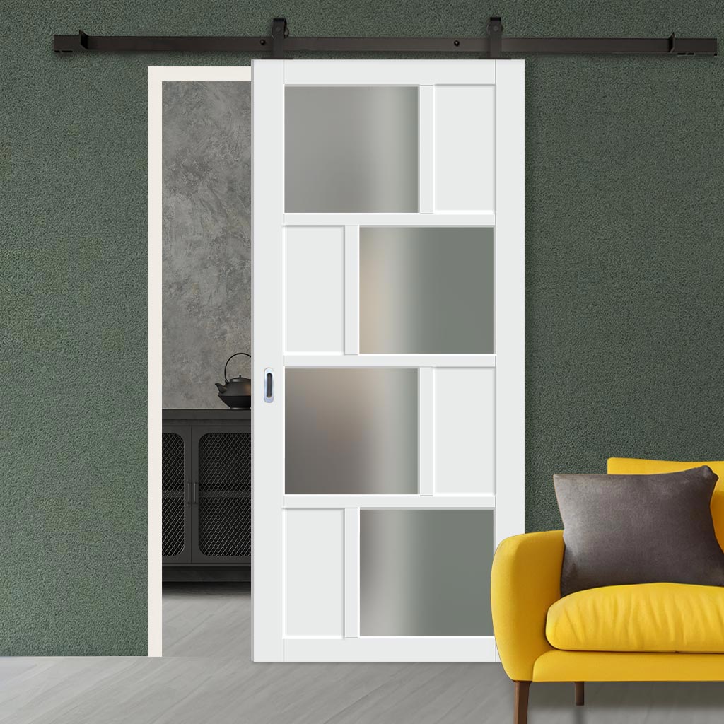 Top Mounted Black Sliding Track & Solid Wood Door - Eco-Urban® Cusco 4 Pane 4 Panel Solid Wood Door DD6416SG Frosted Glass - Cloud White Premium Primed