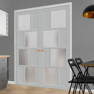 Image: Eco-Urban Cusco 4 Pane 4 Panel Solid Wood Internal Door Pair UK Made DD6416SG Frosted Glass - Eco-Urban® Mist Grey Premium Primed