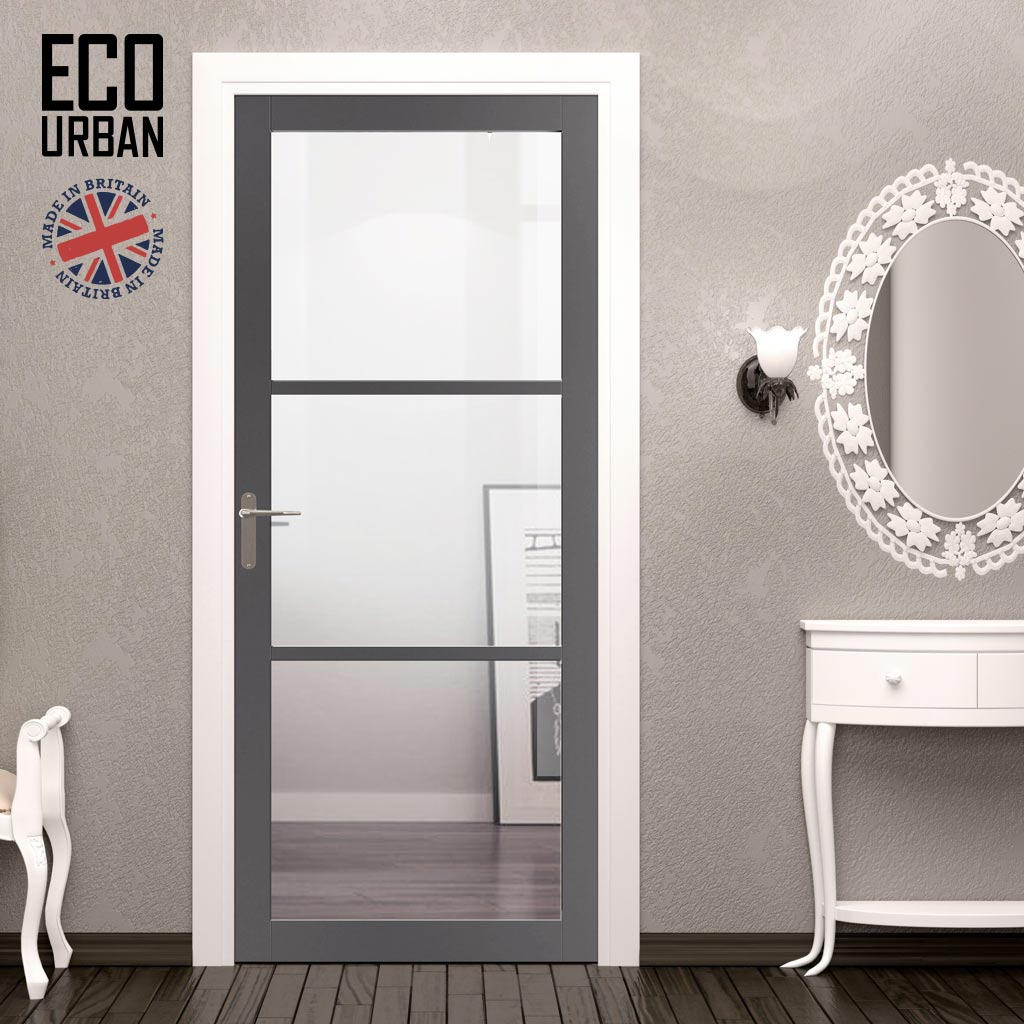 Manchester 3 Pane Solid Wood Internal Door UK Made DD6306G - Clear Glass - Eco-Urban® Stormy Grey Premium Primed