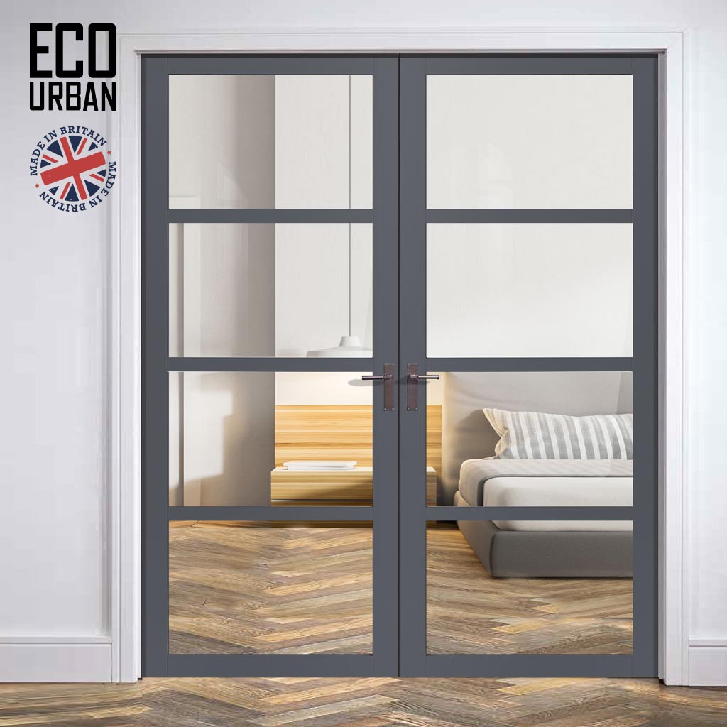 Brooklyn 4 Pane Solid Wood Internal Door Pair UK Made DD6308G - Clear Glass - Eco-Urban® Stormy Grey Premium Primed