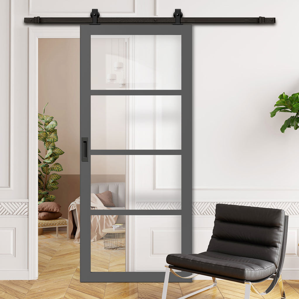 Top Mounted Black Sliding Track & Solid Wood Door - Eco-Urban® Brooklyn 4 Pane Solid Wood Door DD6308G - Clear Glass - Stormy Grey Premium Primed