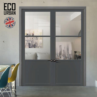 Image: Berkley 2 Pane 1 Panel Solid Wood Internal Door Pair UK Made DD6309G - Clear Glass - Eco-Urban® Stormy Grey Premium Primed