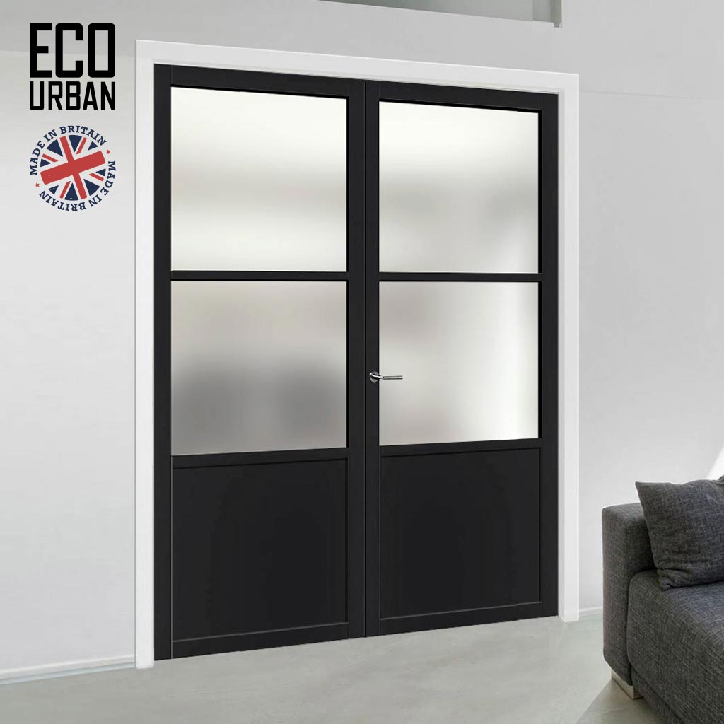 Eco-Urban Berkley 2 Pane 1 Panel Solid Wood Internal Door Pair UK Made DD6309SG - Frosted Glass - Eco-Urban® Shadow Black Premium Primed