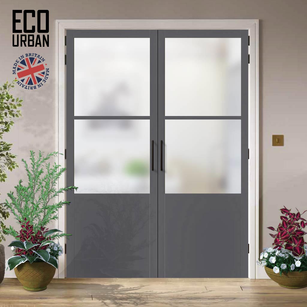 Eco-Urban Berkley 2 Pane 1 Panel Solid Wood Internal Door Pair UK Made DD6309SG - Frosted Glass - Eco-Urban® Stormy Grey Premium Primed